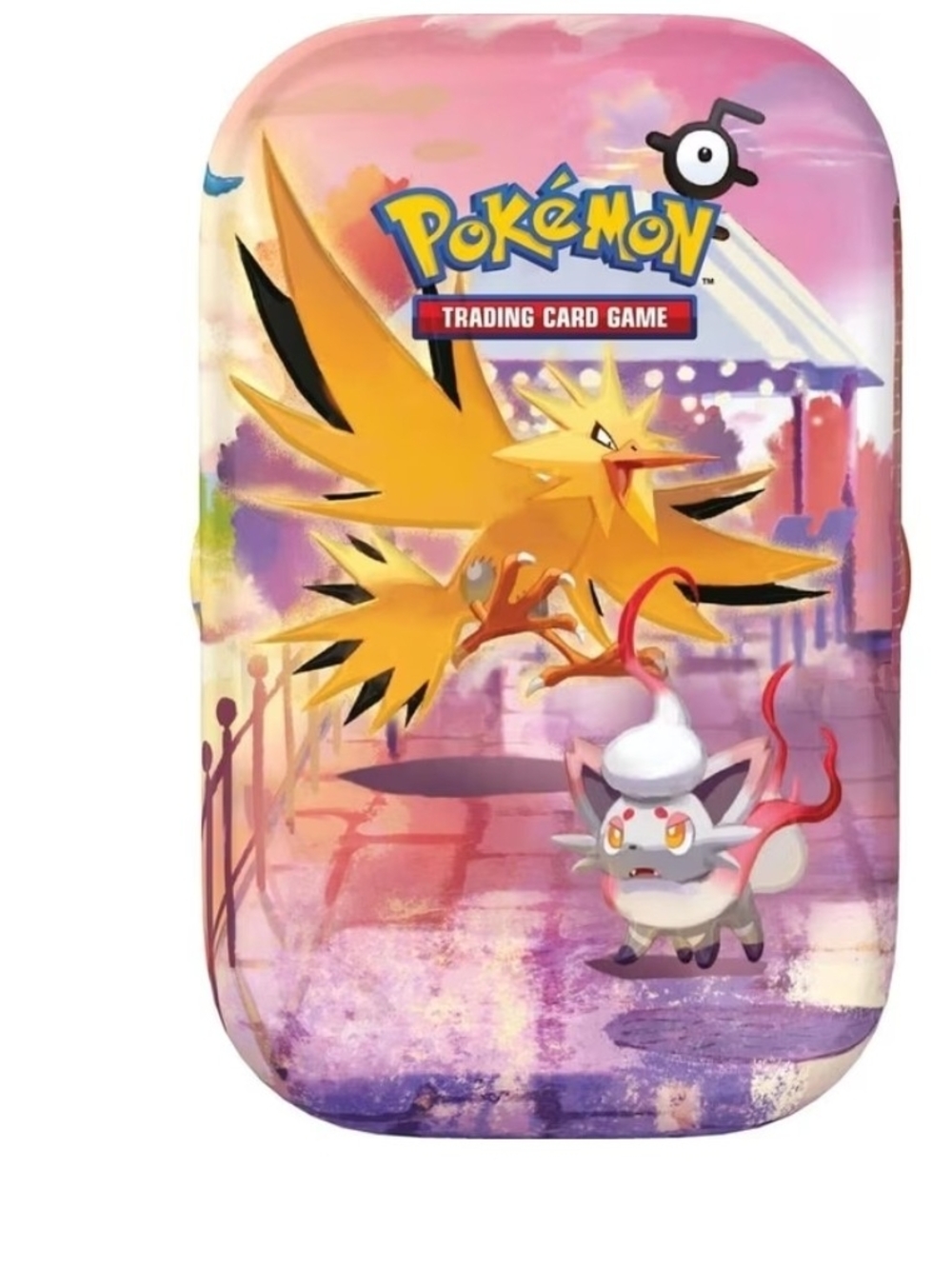 Pokemon Pink & Yellow Trading Card Game Tin with Zapdos & Skwovet